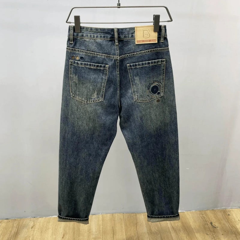 American Style Fried Street Loose Ripped Patch Beggar Jeans Men'S Embroidered Japanese Style Vintage Antique Harlan Tapered Denim - Image 2